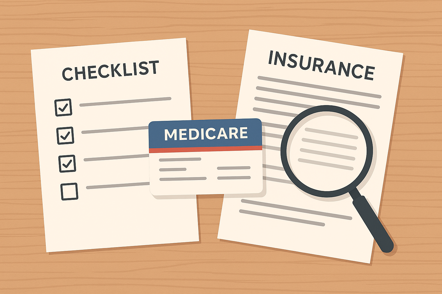 Checklist and Medicare card representing the enrollment steps used by a Medicare insurance agent