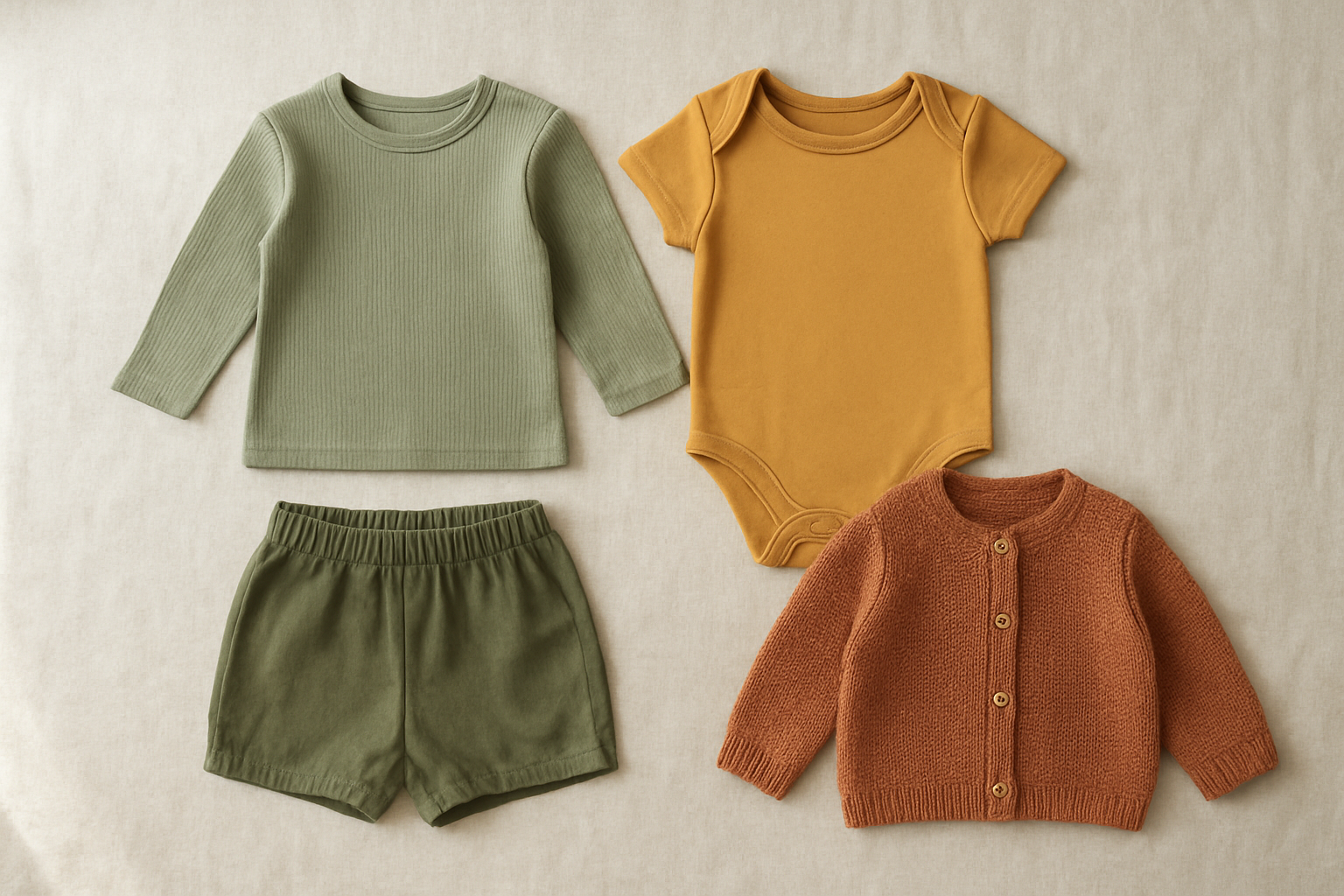 Flat-lay of conscious kids fashion rental clothing items in earthy tones on linen