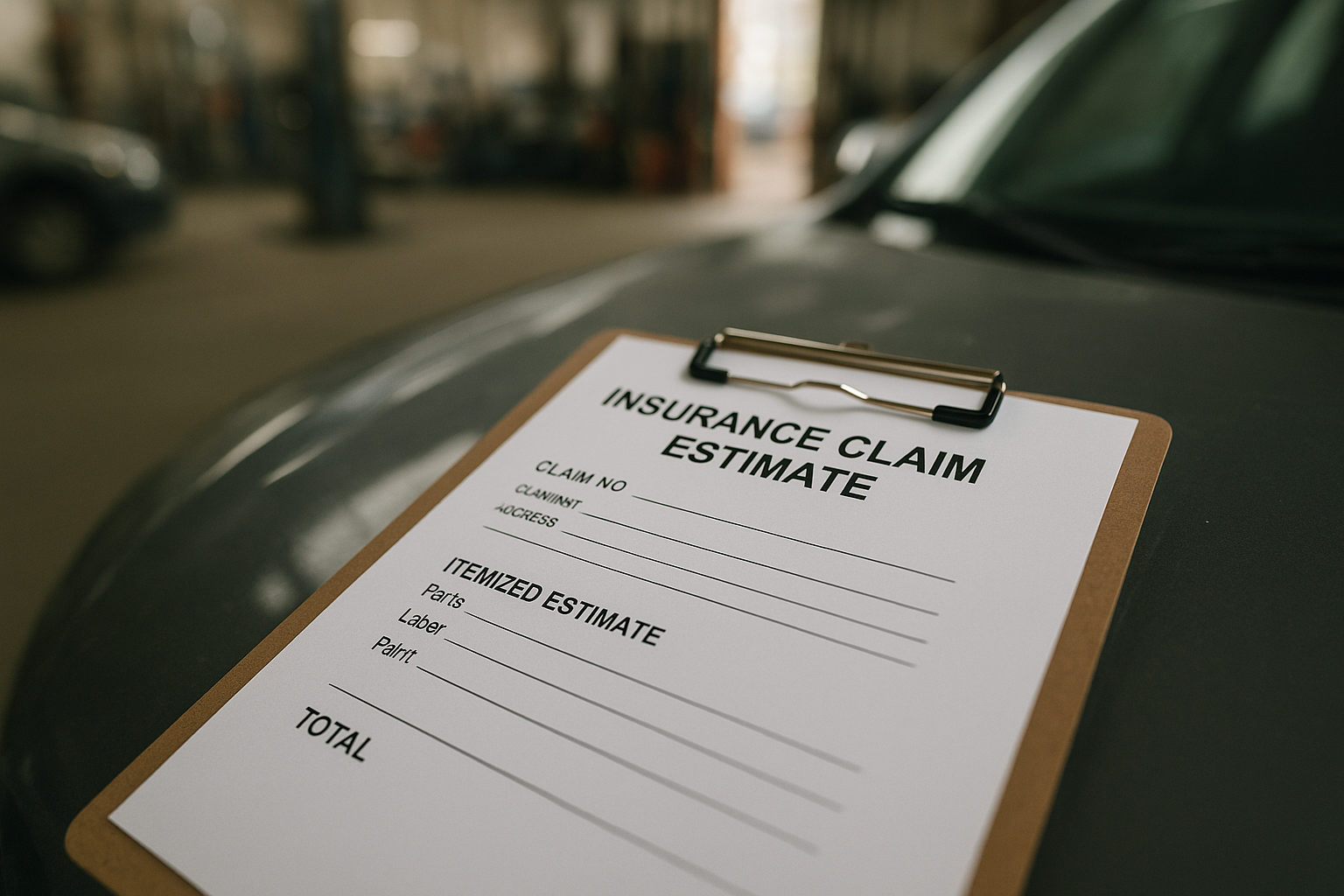 Insurance claim estimate paperwork for collision repair at an auto body shop