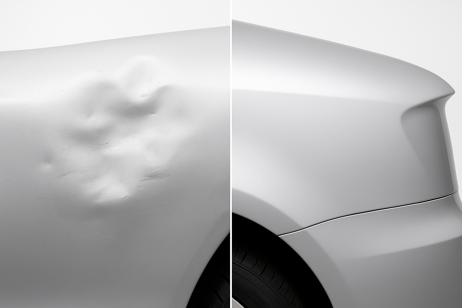 Side-by-side comparison of a damaged car panel and a fully restored panel after body repairs