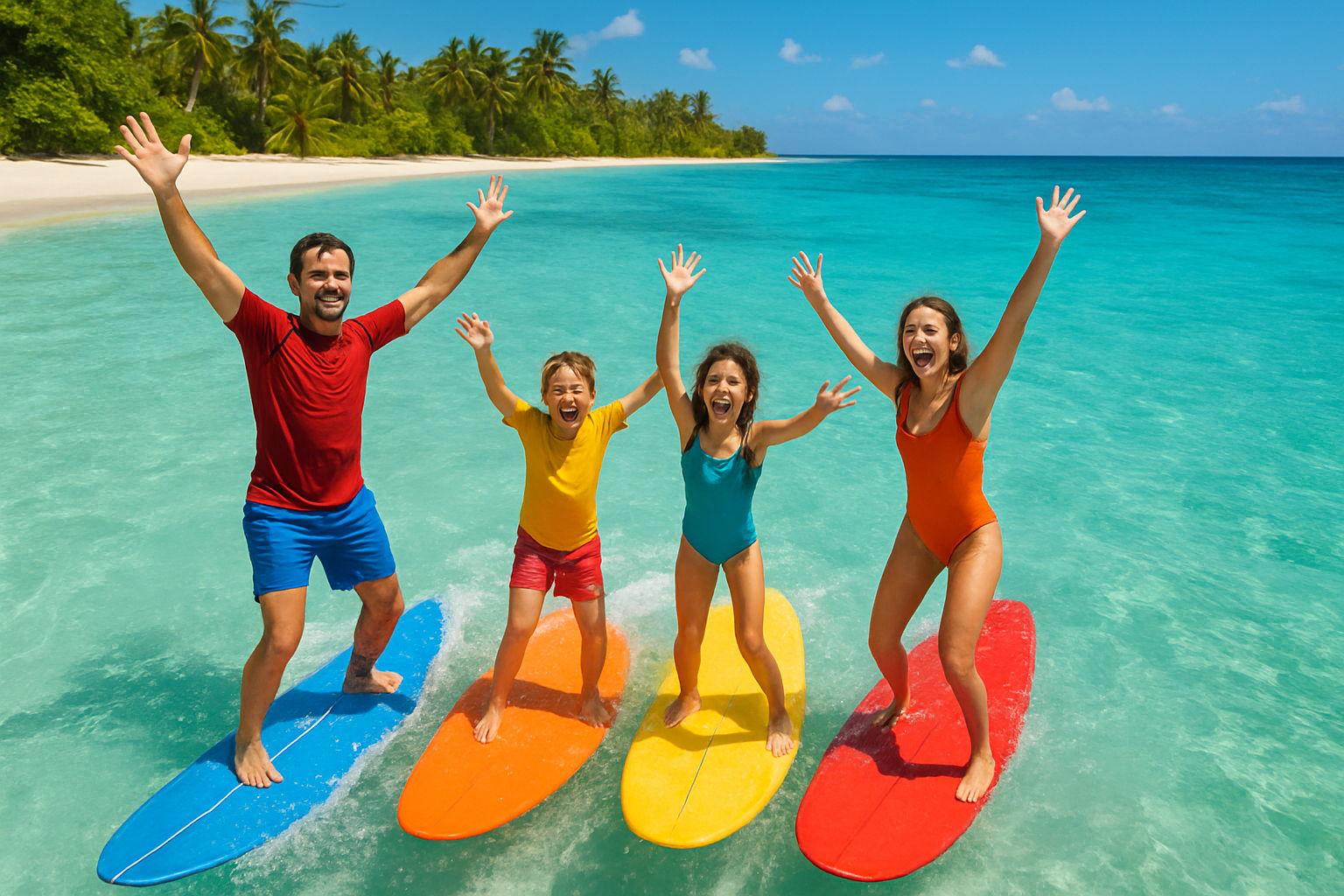 Family of four enjoying a group surfing lesson together in the warm shallow waters of a tropical beach