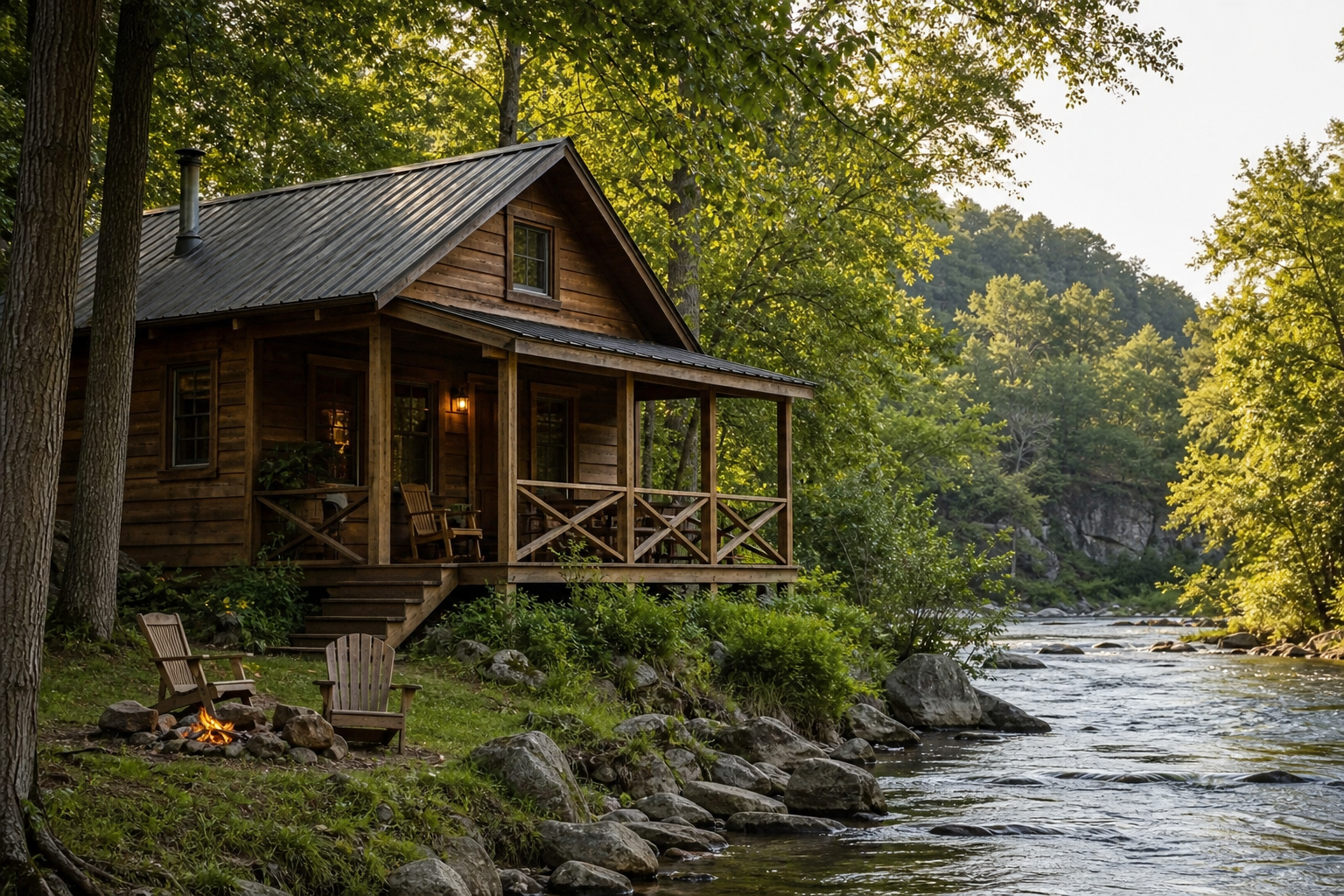 Riverside cabin nestled among trees near a Tennessee river campground
