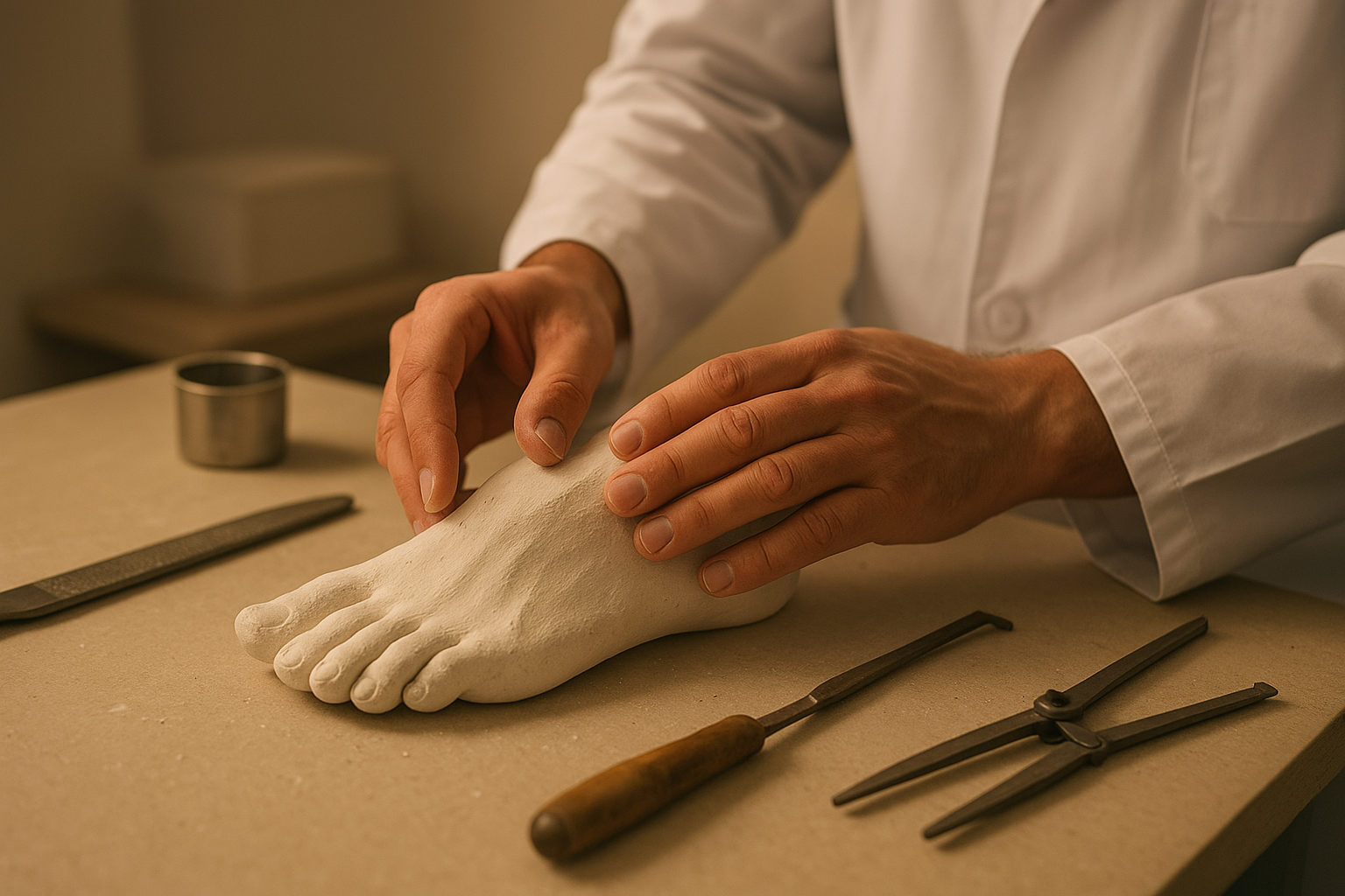 Podiatrist examining a plaster foot mold used to fabricate custom orthotics