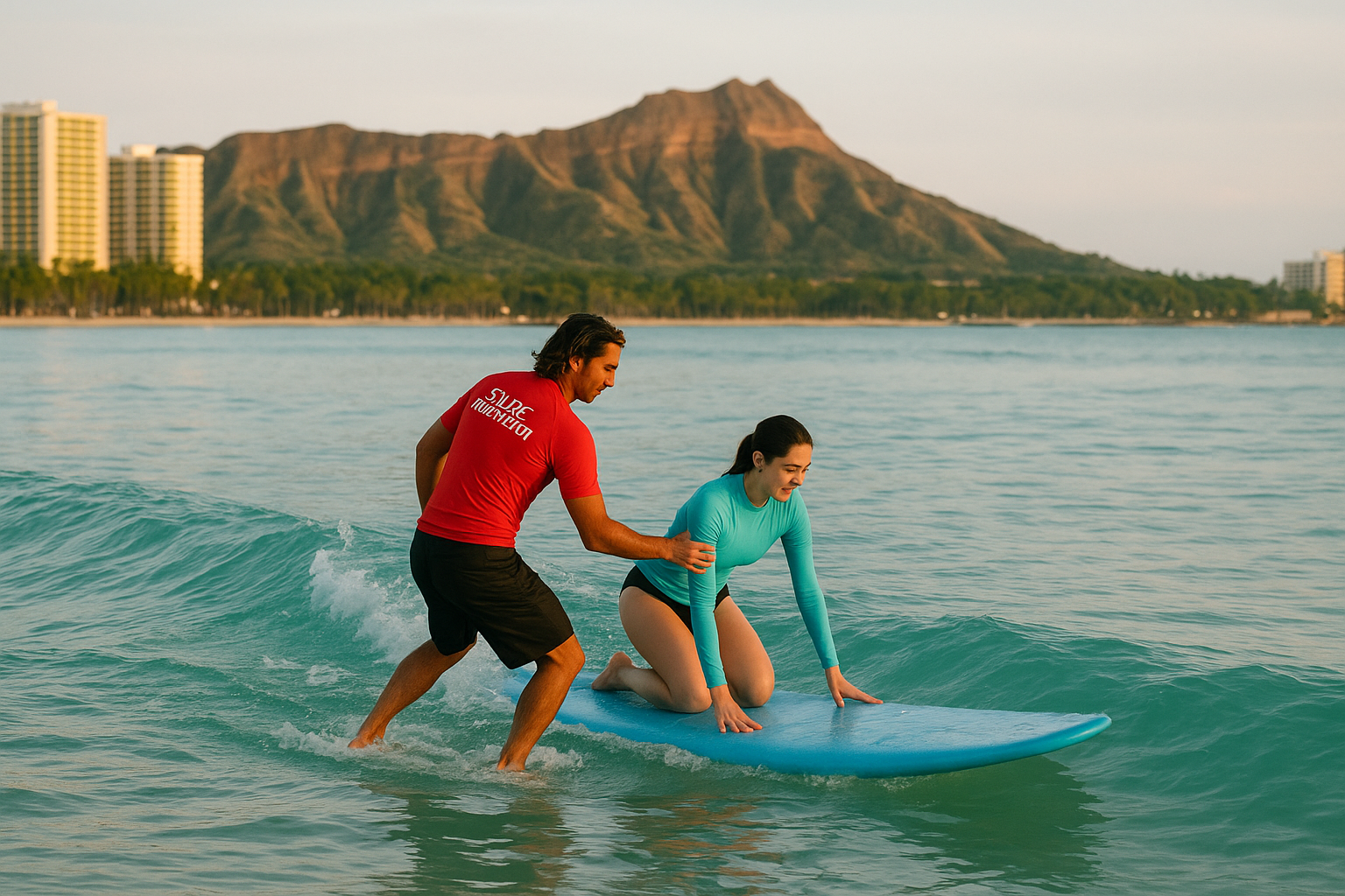 Surf instructor guiding an eco-conscious surf lesson on Waikiki Beach at sunrise