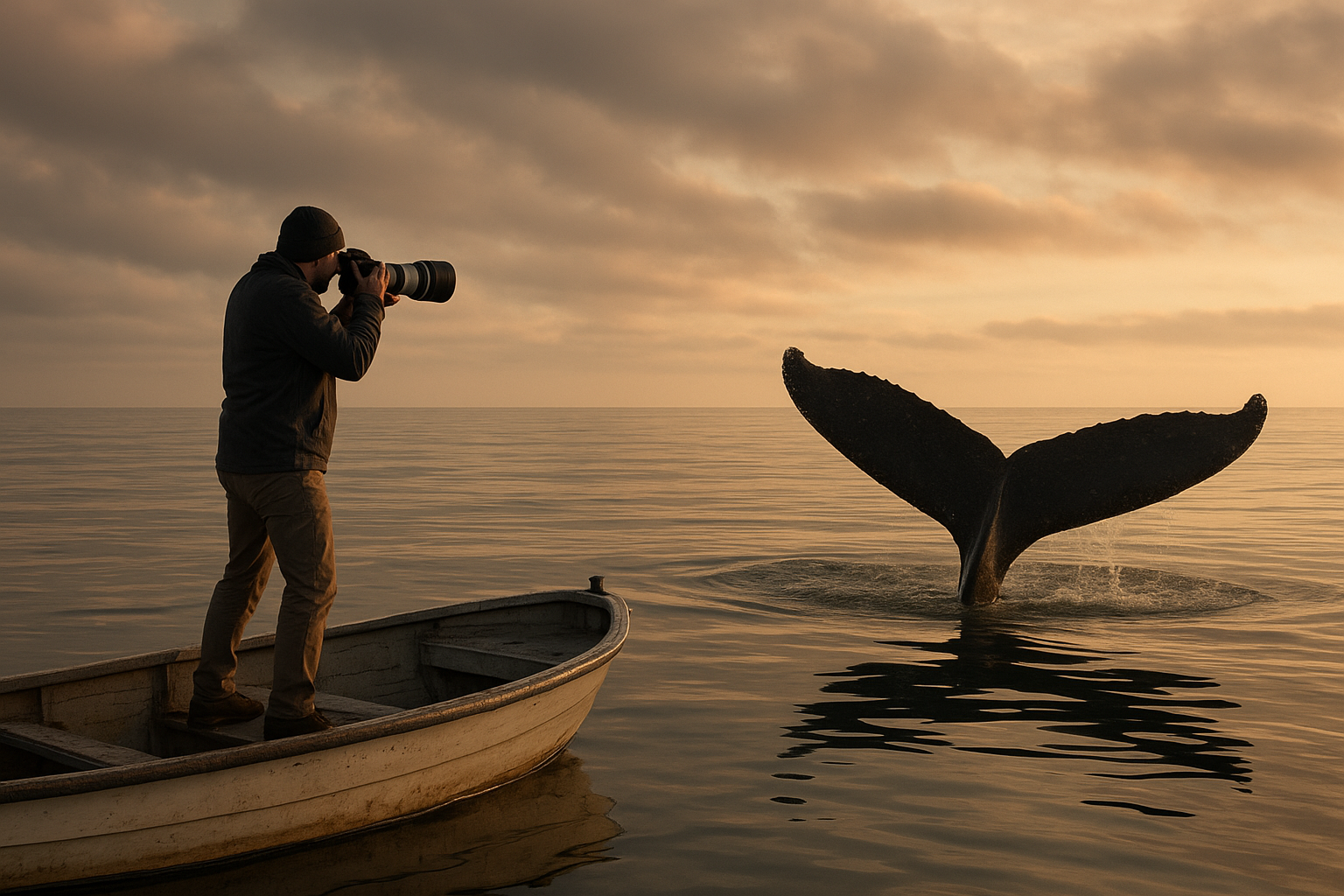 Photographer capturing a humpback whale tail fluke from a stable boat deck off San Diego