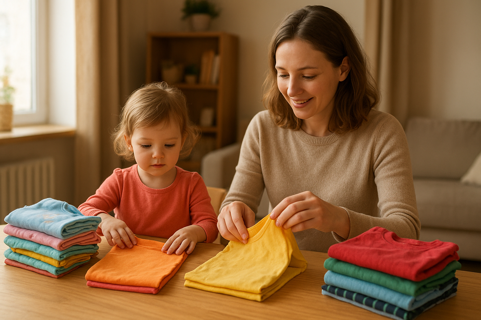 Parent and child preparing a return shipment for a children's clothing subscription