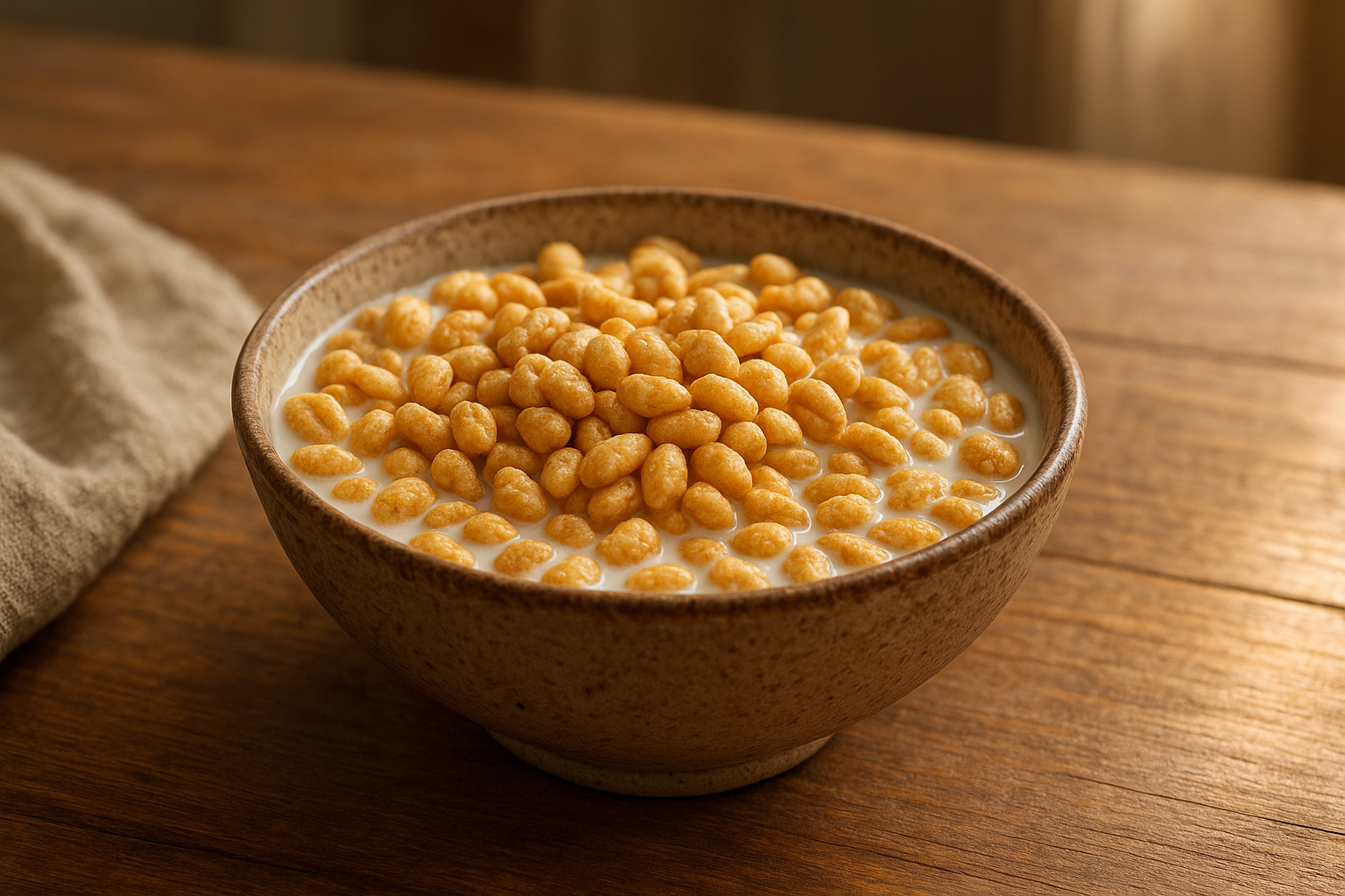 Bowl of organic whole grain cereal made from puffed ancient grains