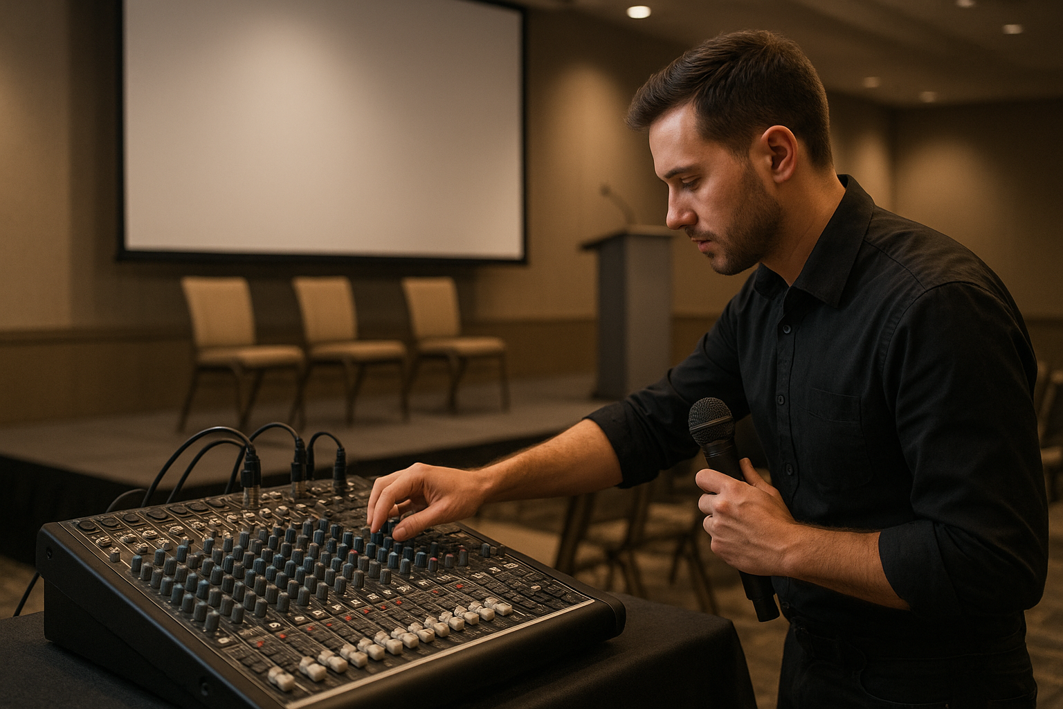 Technician setting up conference audio visual support equipment on stage