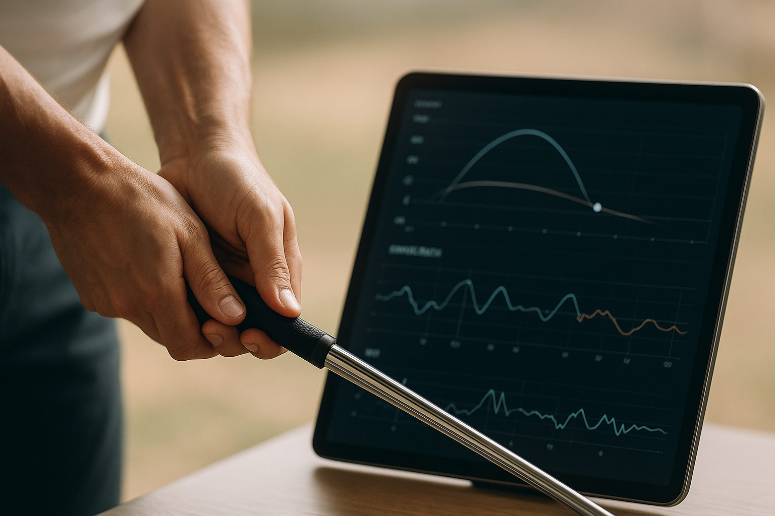 Golfer reviewing swing biomechanics data as part of feedback-driven golf coaching