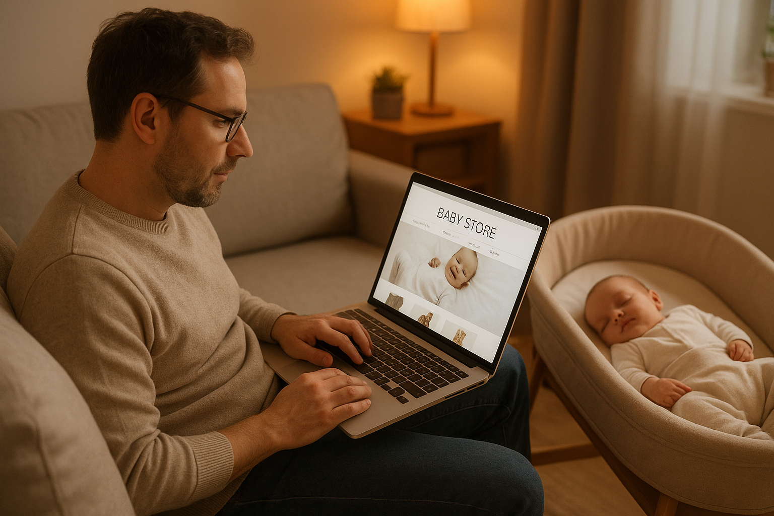 Parent using a laptop to shop a baby essentials online store while infant sleeps in a bassinet nearby