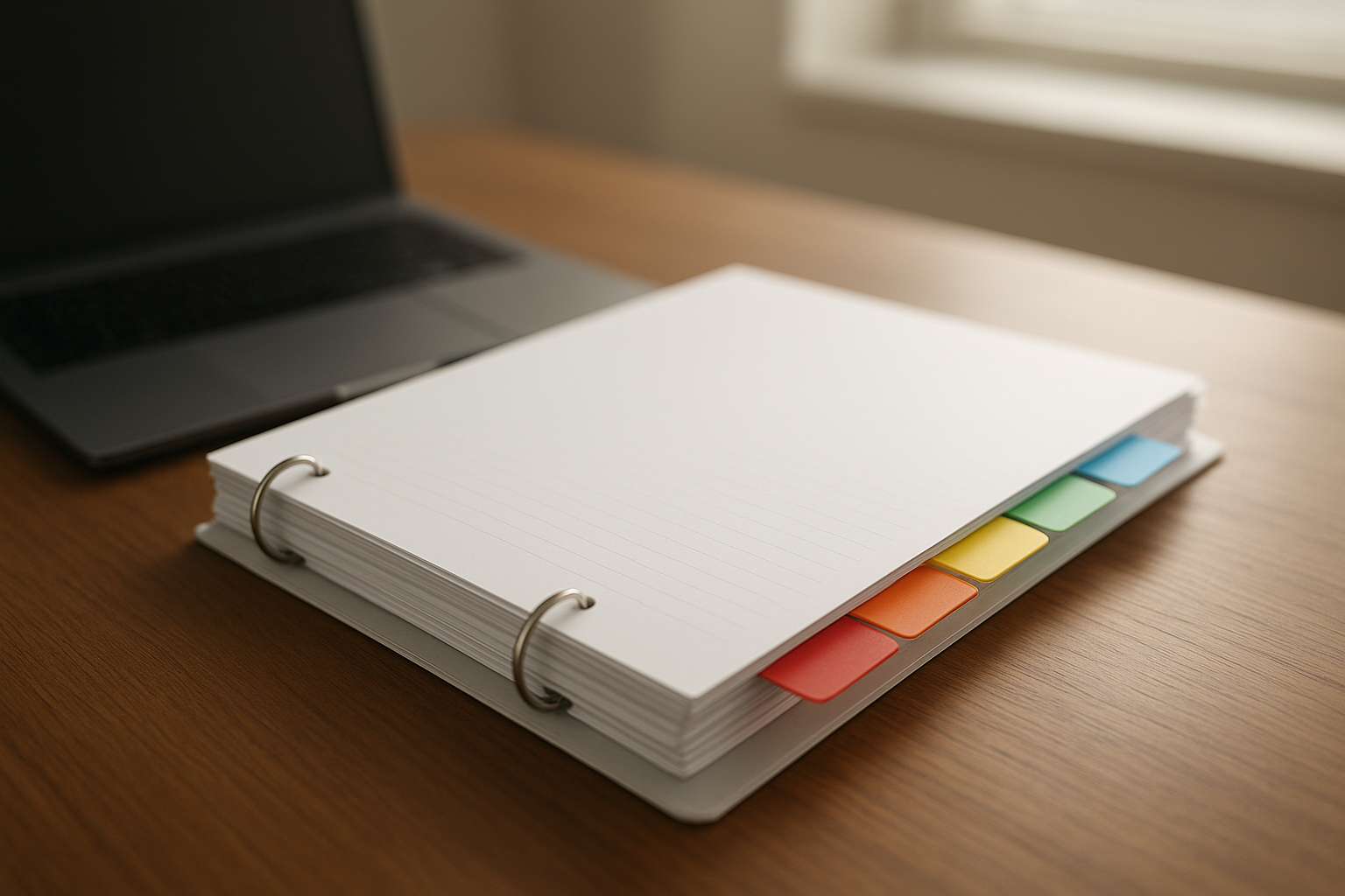 Organized HR resource guide binder with labeled policy tabs on a desk
