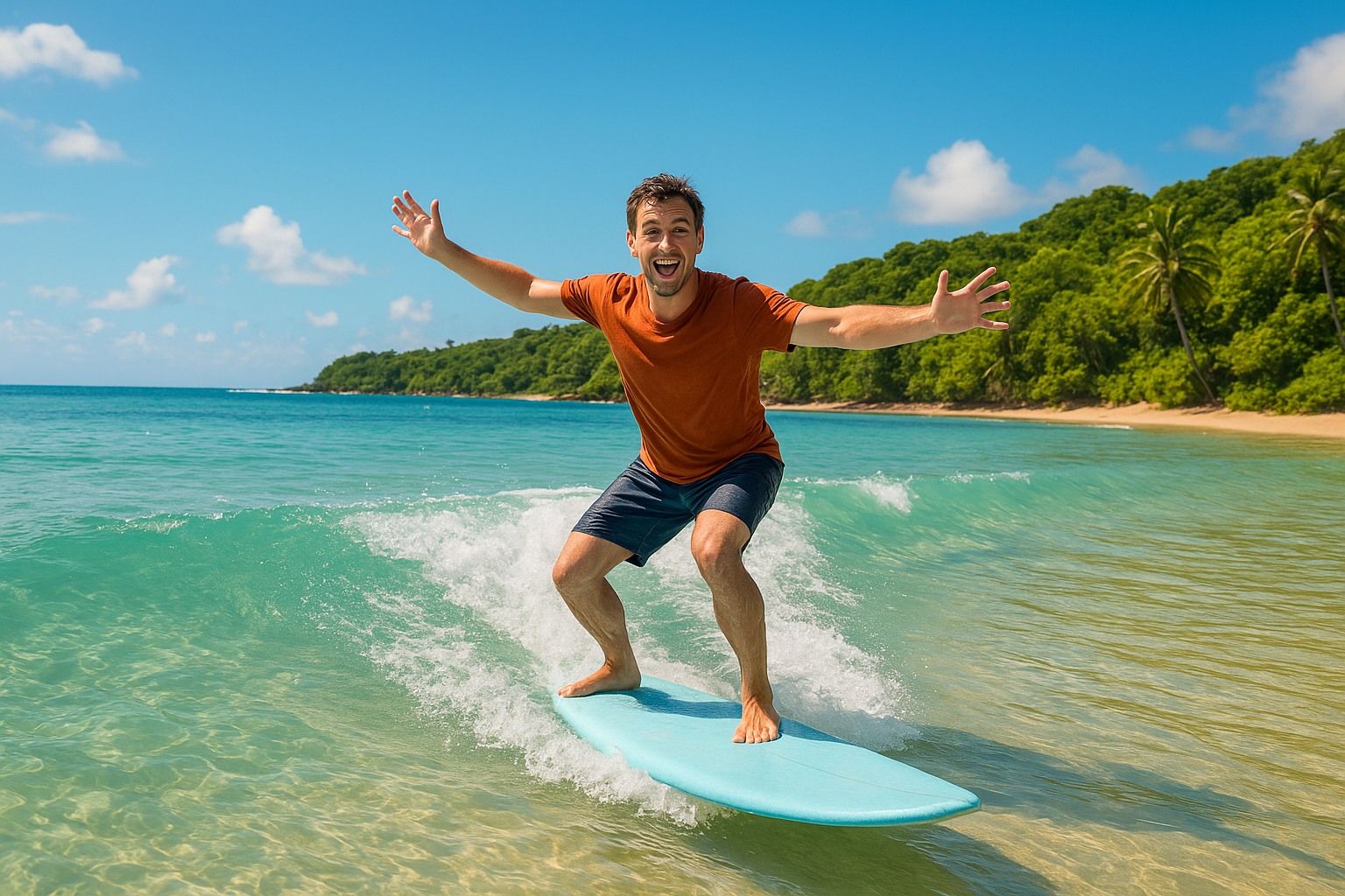 Happy vacationer successfully riding a wave during a surf experience lesson at a tropical beach