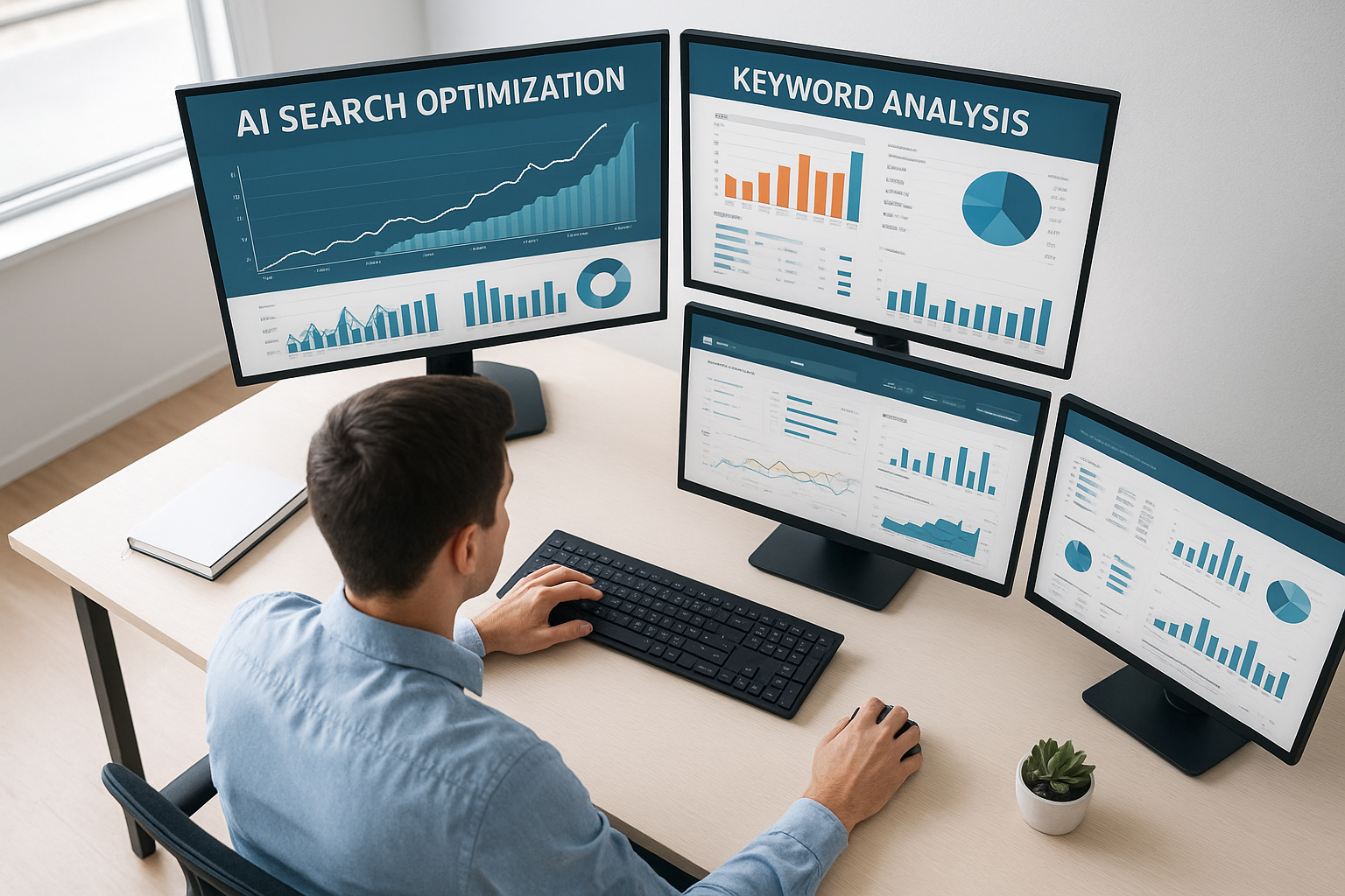 Digital marketer using AI-powered search optimization tools to improve content discoverability and rankings