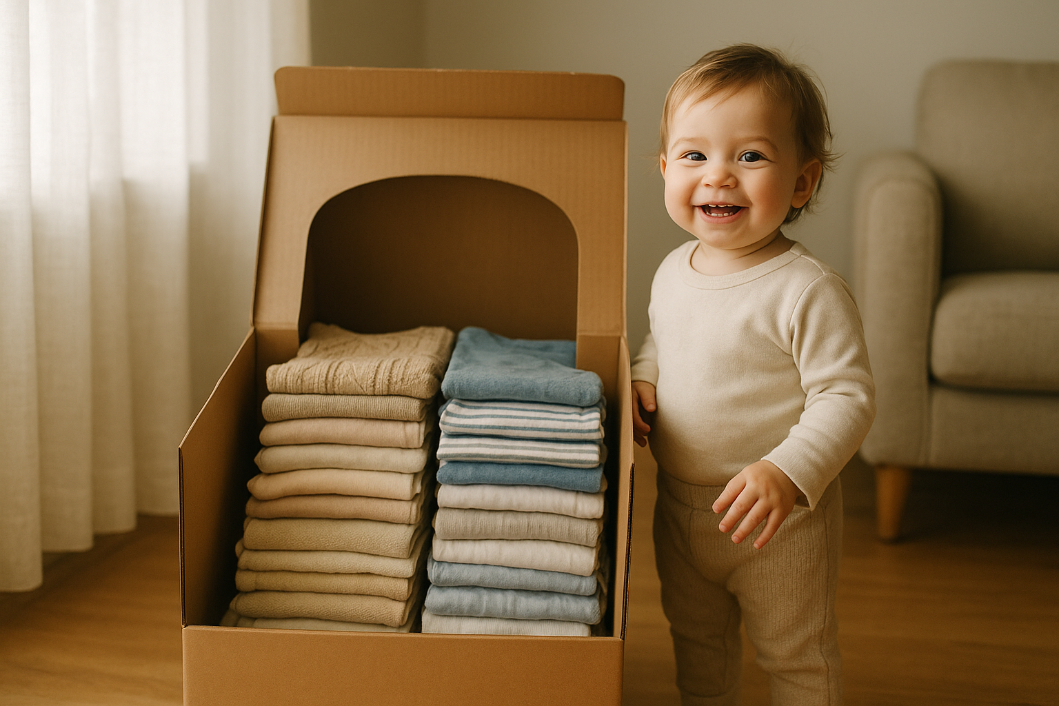 Toddler beside a curated wardrobe box representing premium kids fashion rental