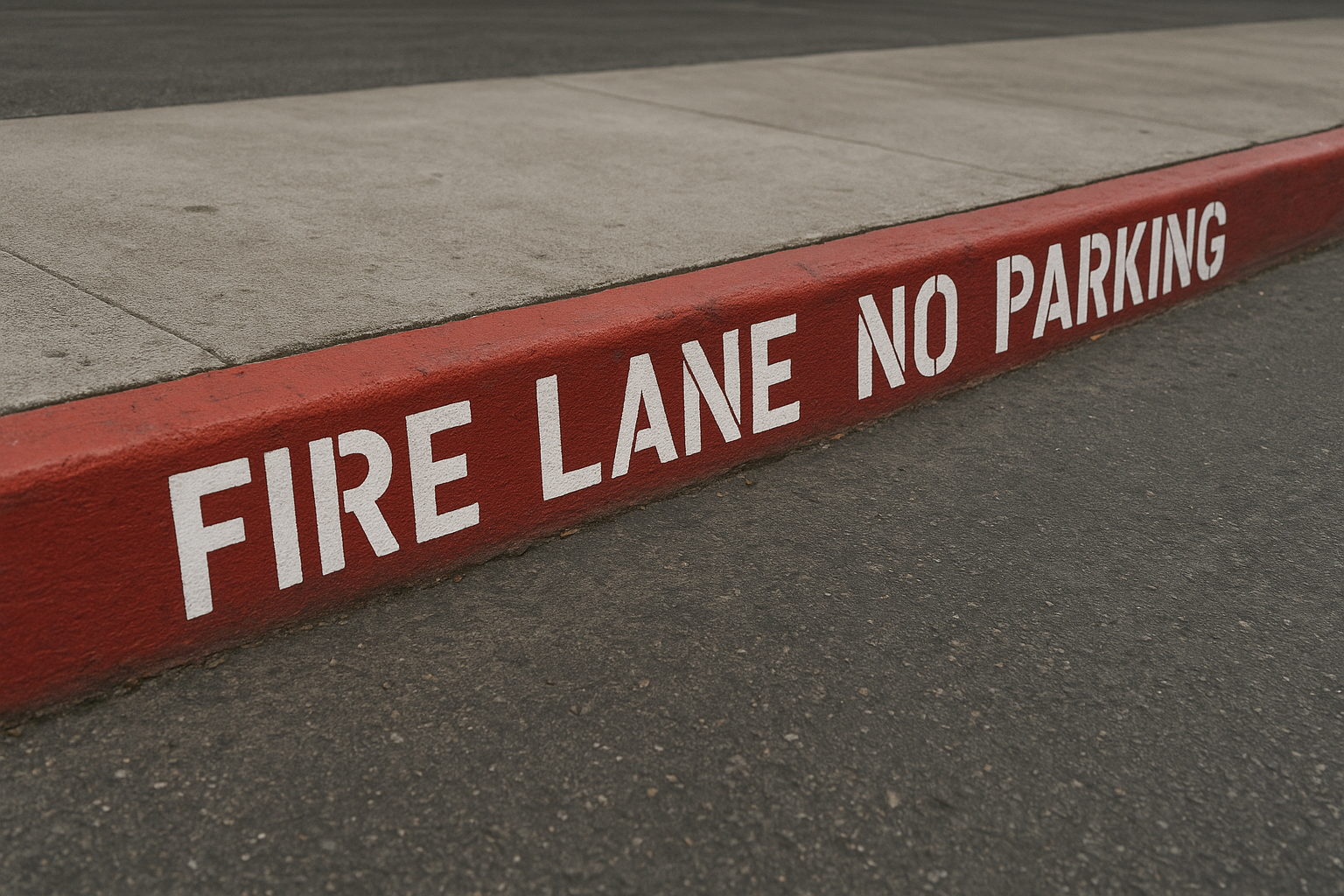 Red fire lane curb marking with white lettering in a commercial parking lot