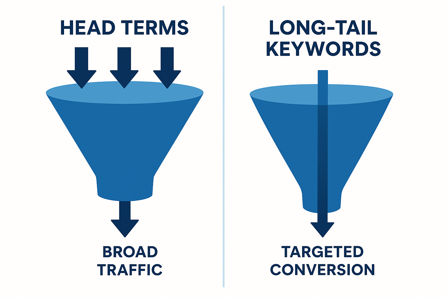 Infographic comparing head terms versus long-tail keywords in an SEO keyword research strategy