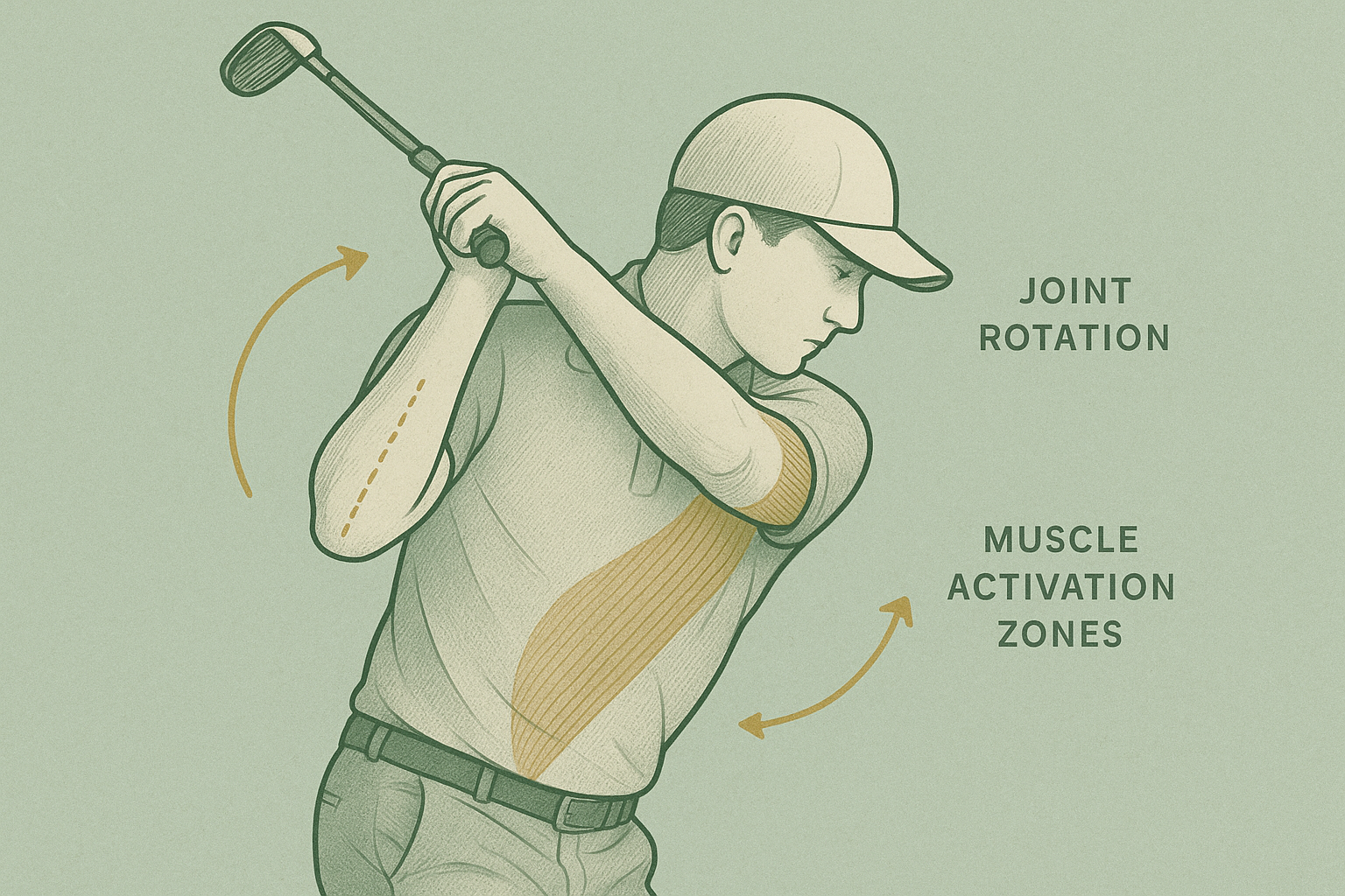 Diagram showing joint and muscle activation during a golf downswing