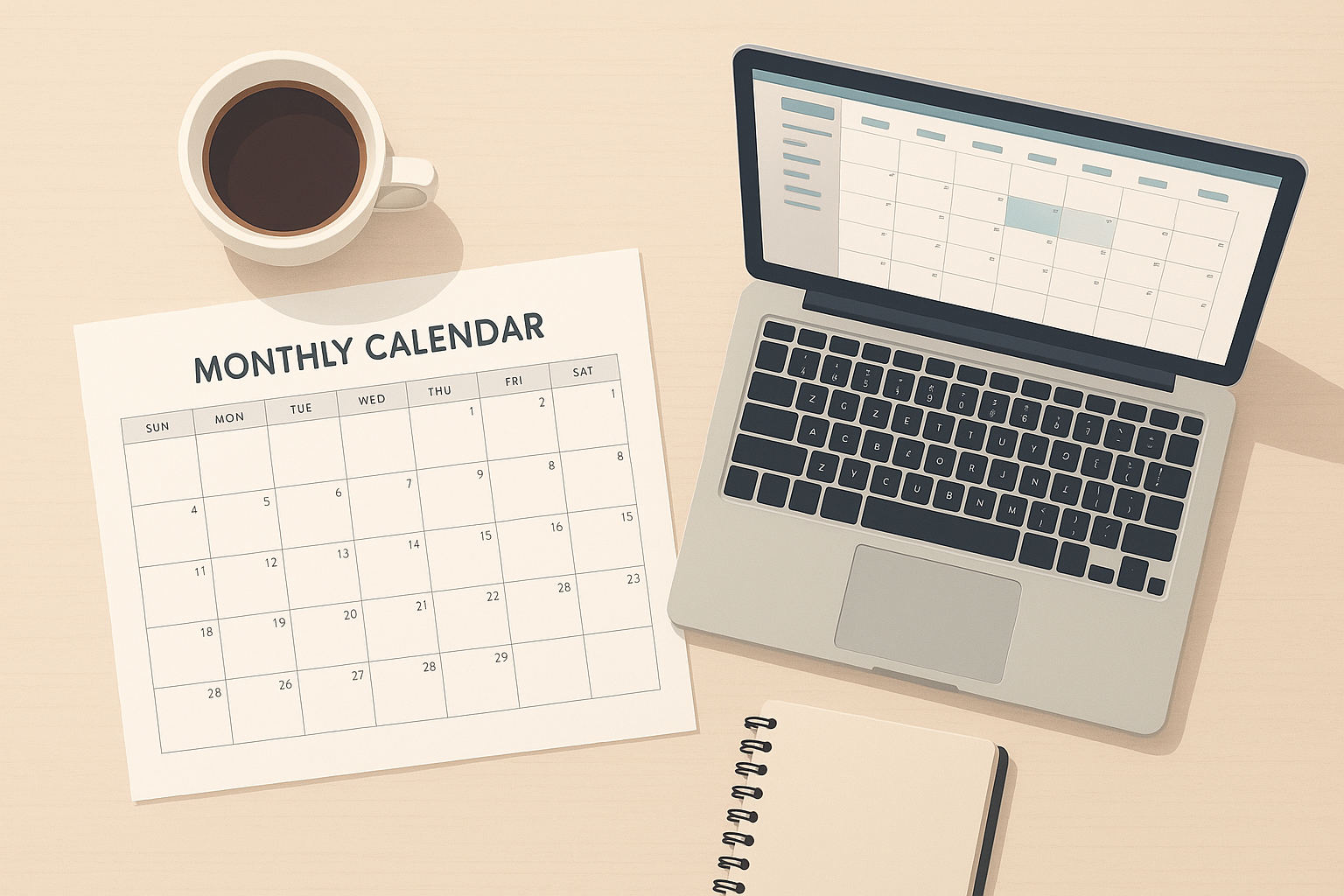 Desk scene showing a printed calendar next to a synced digital shared calendar for small business app