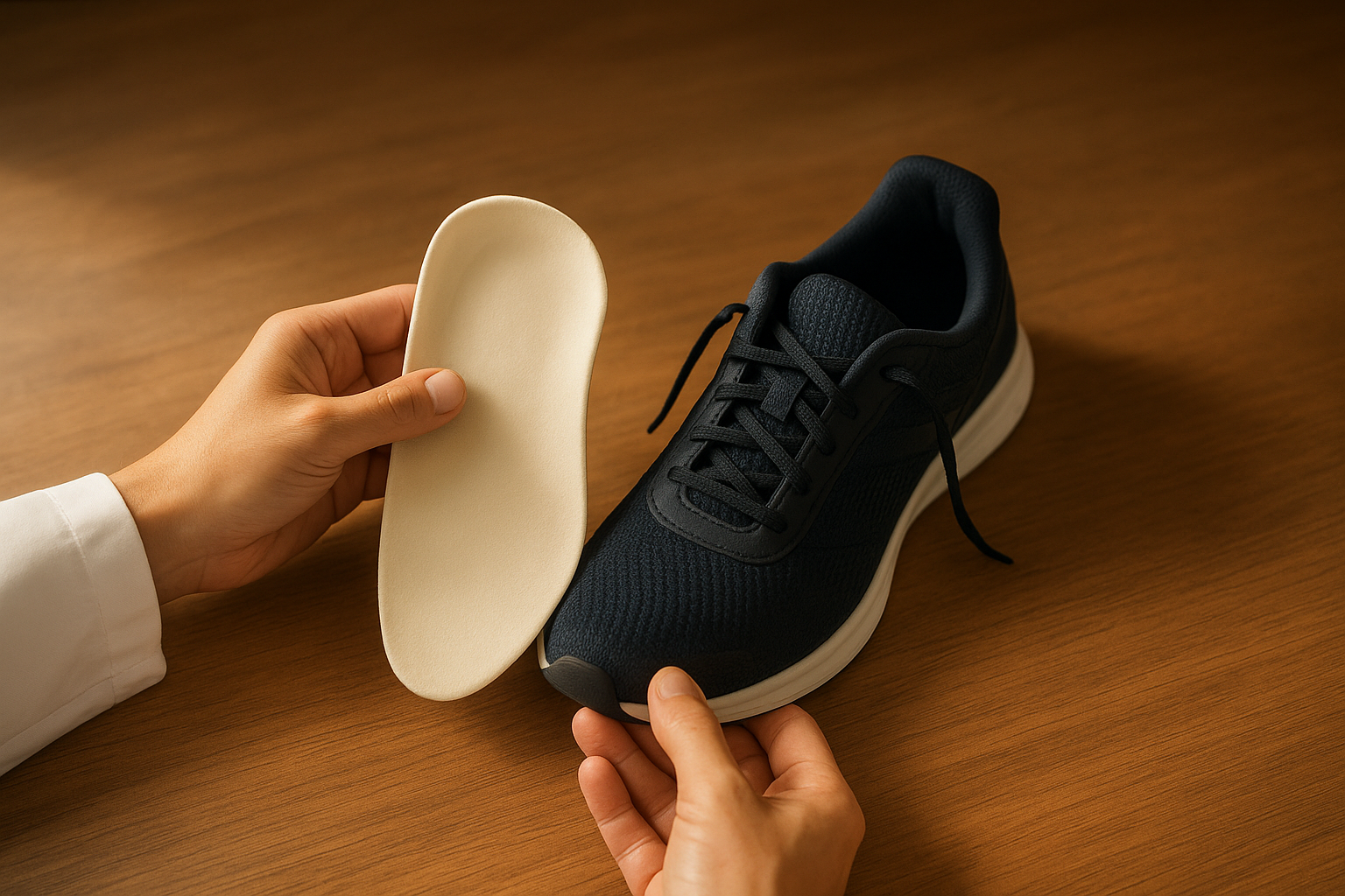 Podiatrist fitting a custom orthotic with a heel post into a patient's shoe