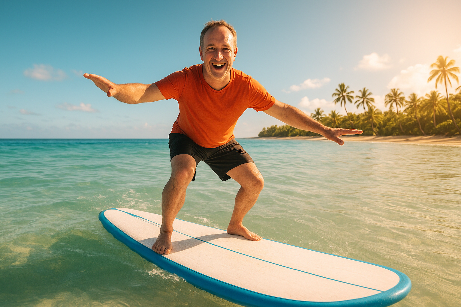 Adult beginner practicing surf training for adults on a foam surfboard in shallow ocean water