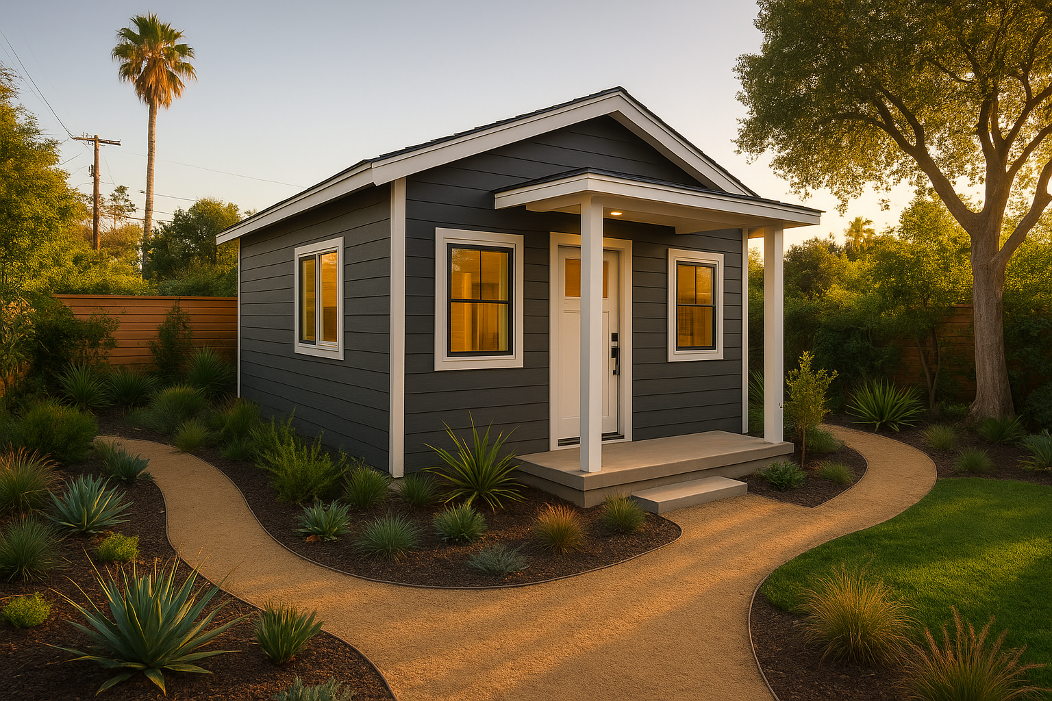 Completed detached ADU exterior in a Southern California backyard with modern siding