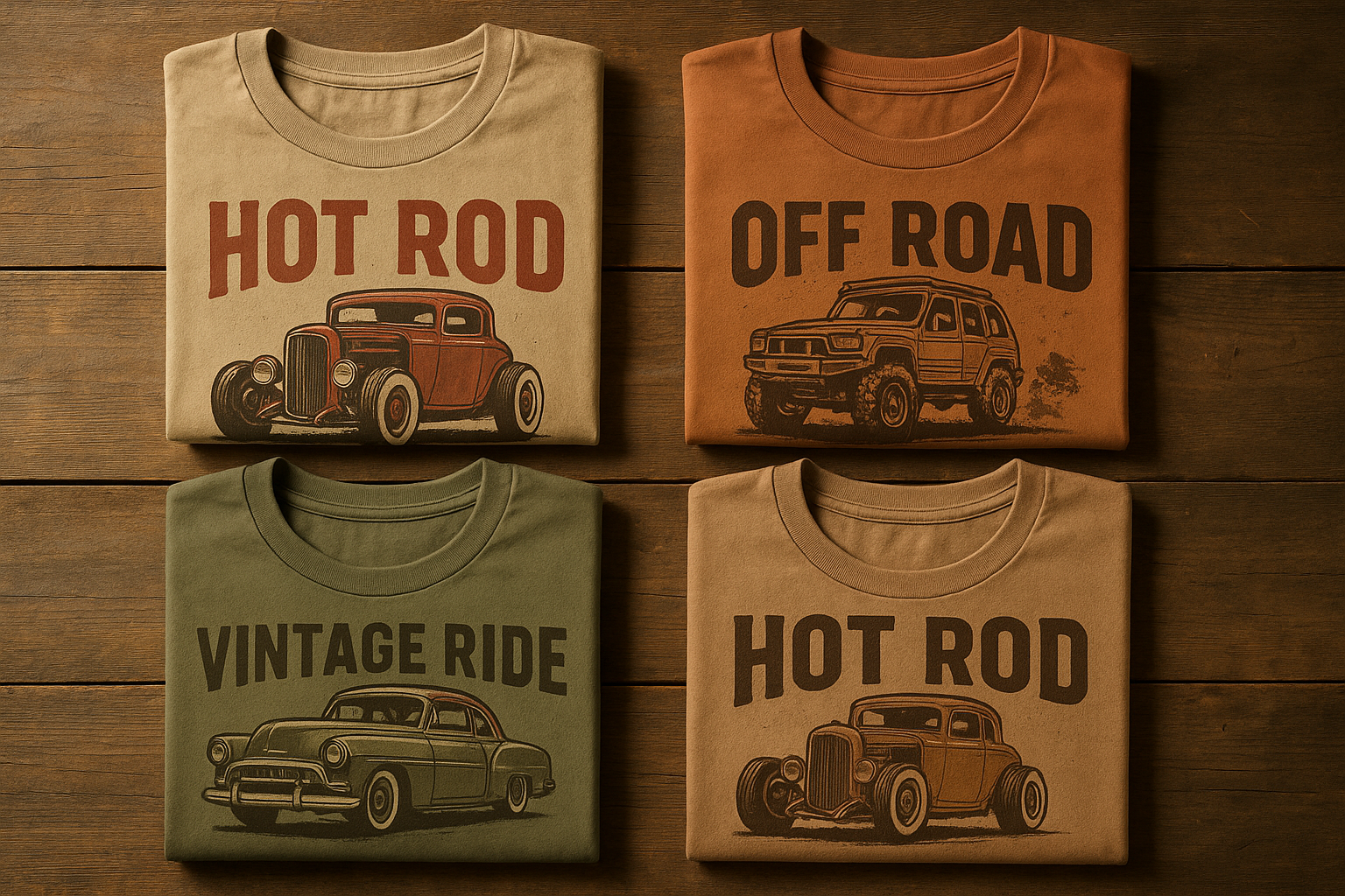 Vintage-inspired custom t-shirt designs featuring hot rod and off-road graphics