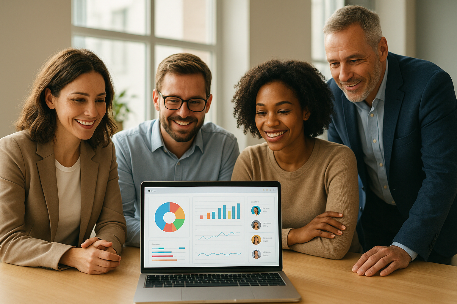 Small business team reviewing a web based hr system dashboard together