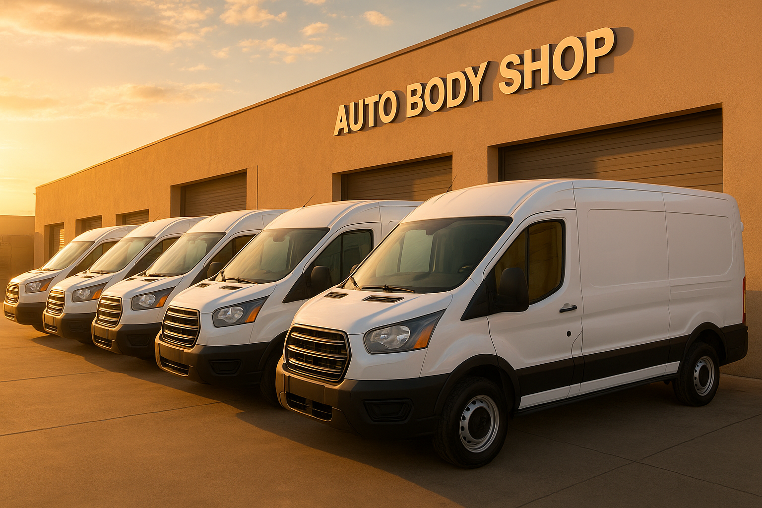 Row of repaired fleet vehicles ready for pickup after collision repair in Brea
