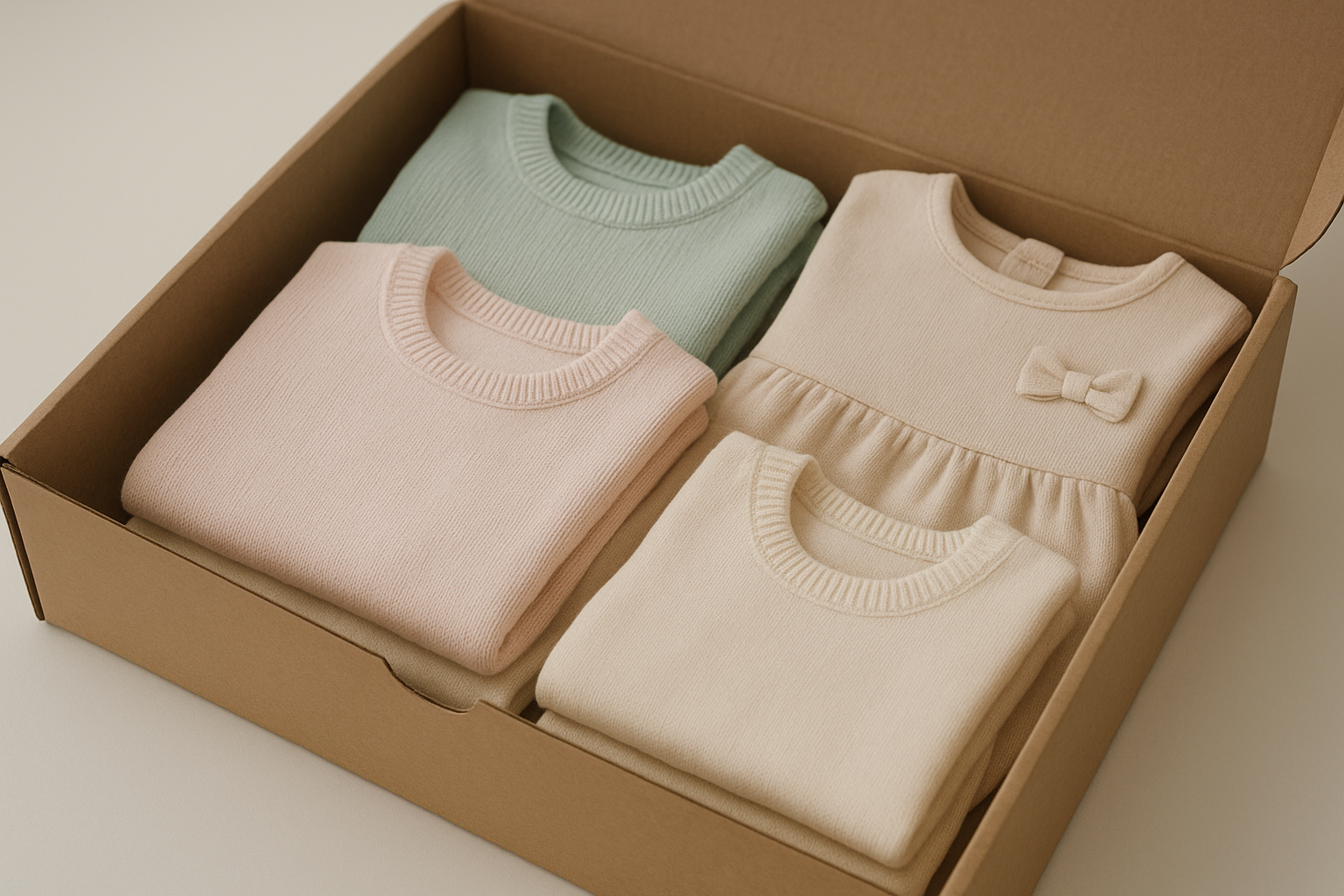 Folded premium children's clothing packed for a subscription swap delivery