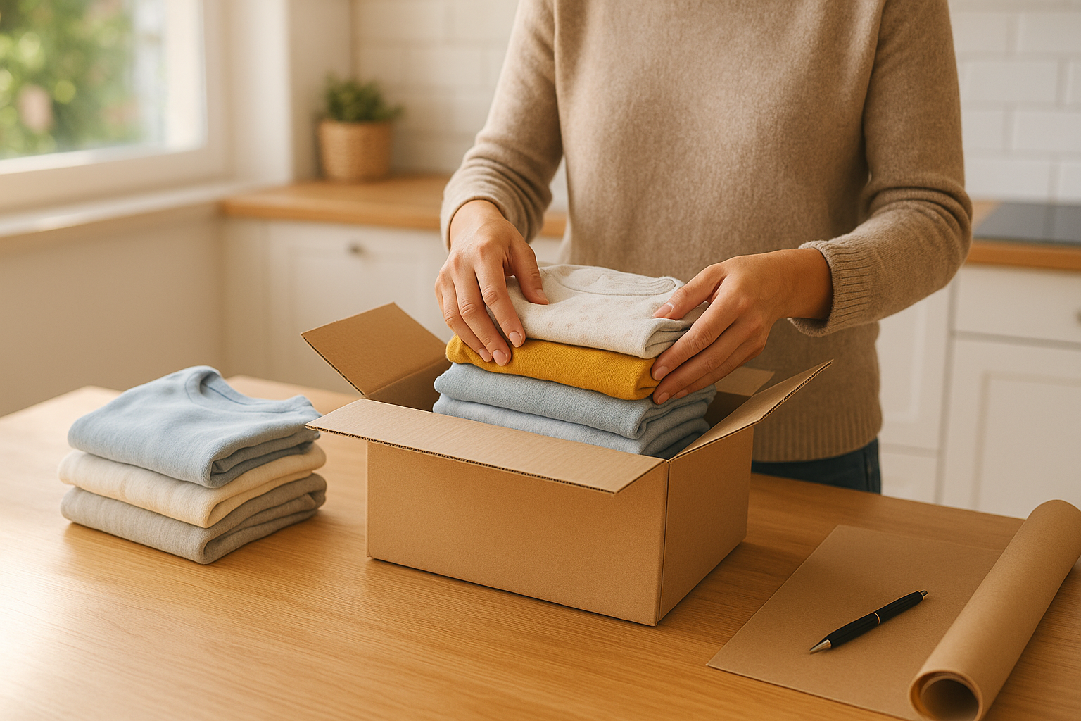 Parent packing a return box as part of a children's clothing rental swap