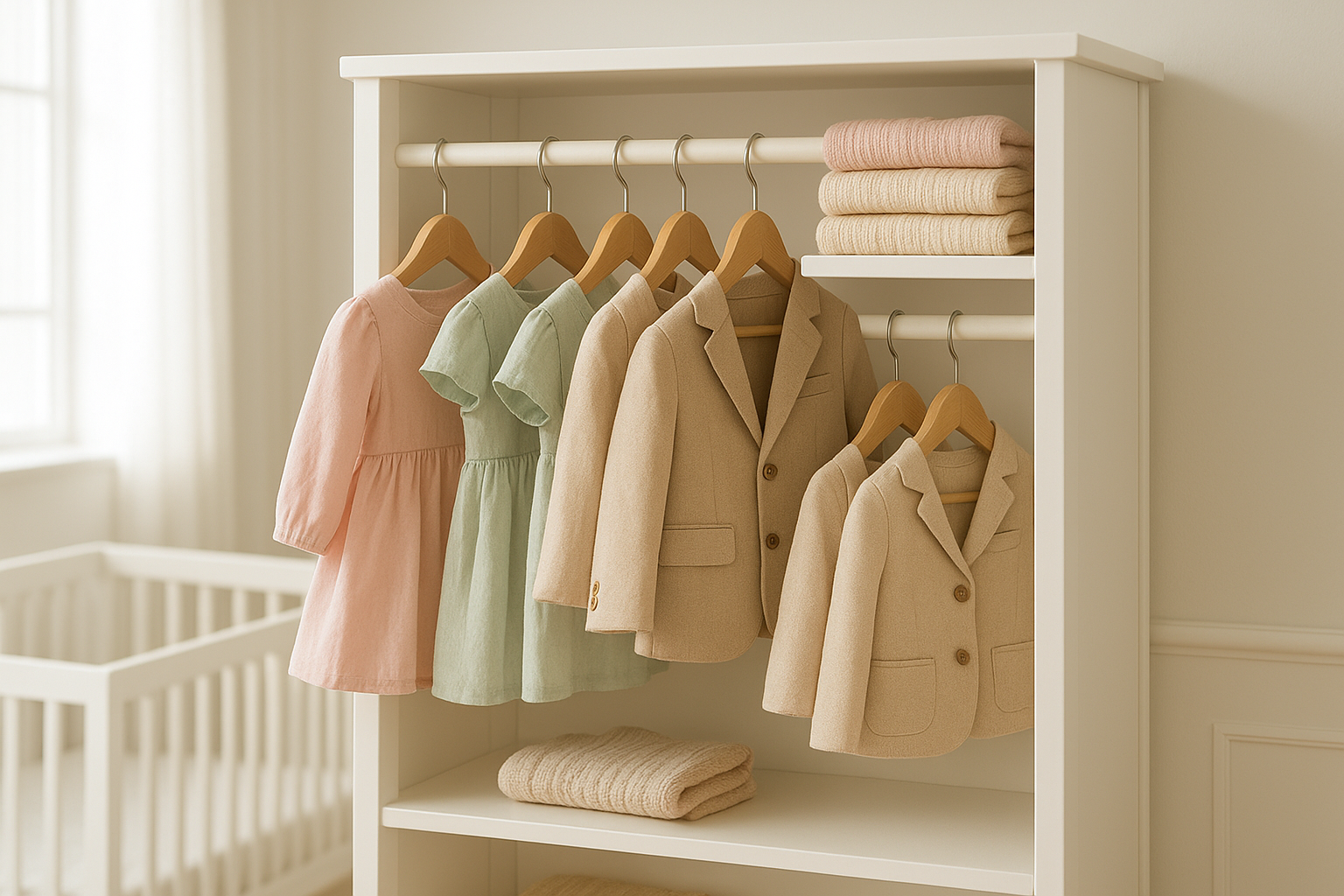 Organized children's wardrobe with premium kids clothing on wooden hangers in a bright nursery