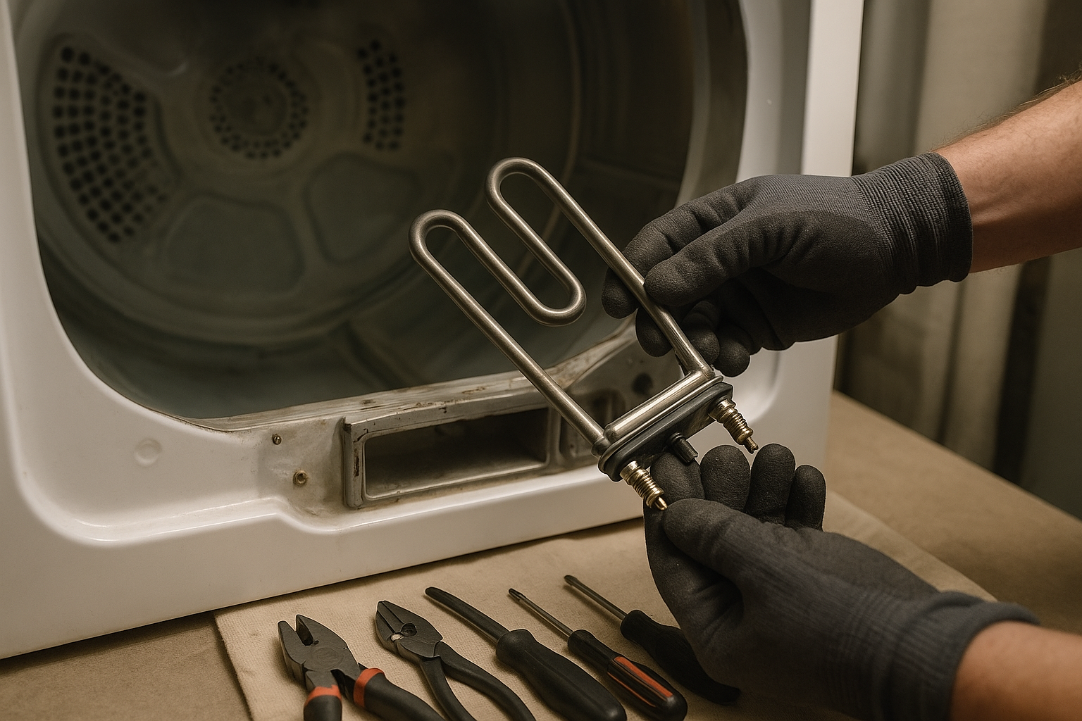 close-up of a technician replacing a heating element inside a clothes dryer
