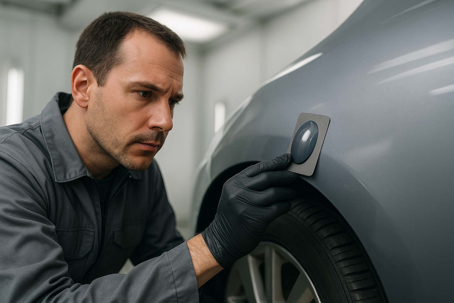 Certified technician performing precision paint matching during a collision repair