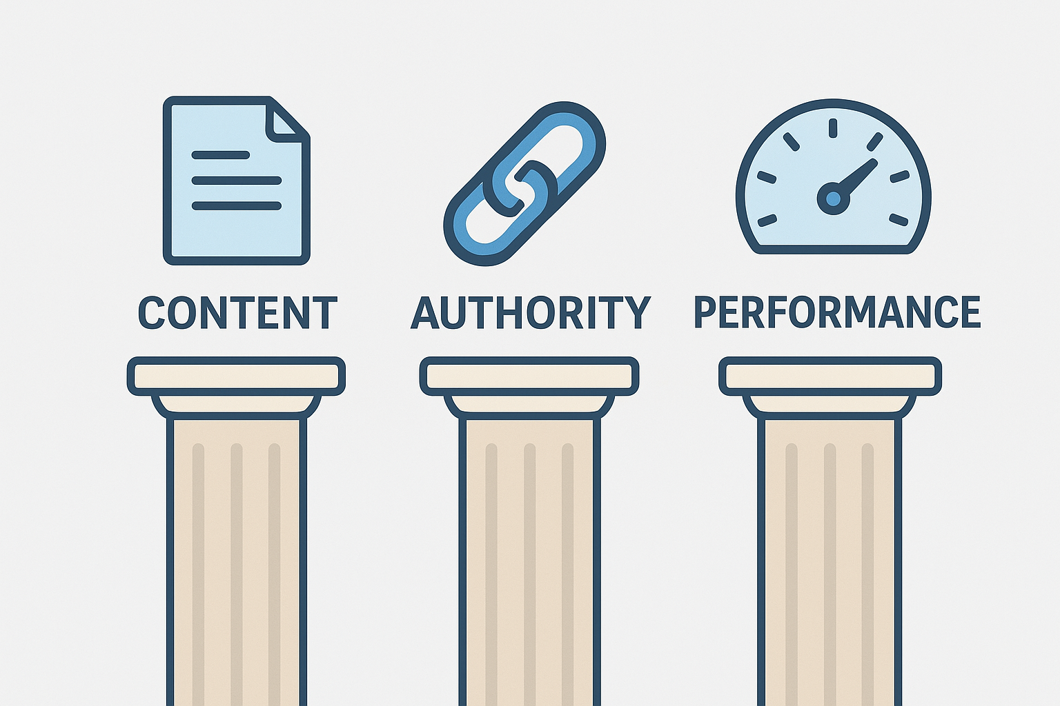 Three pillars of SEO showing on-page content, off-page authority, and technical performance