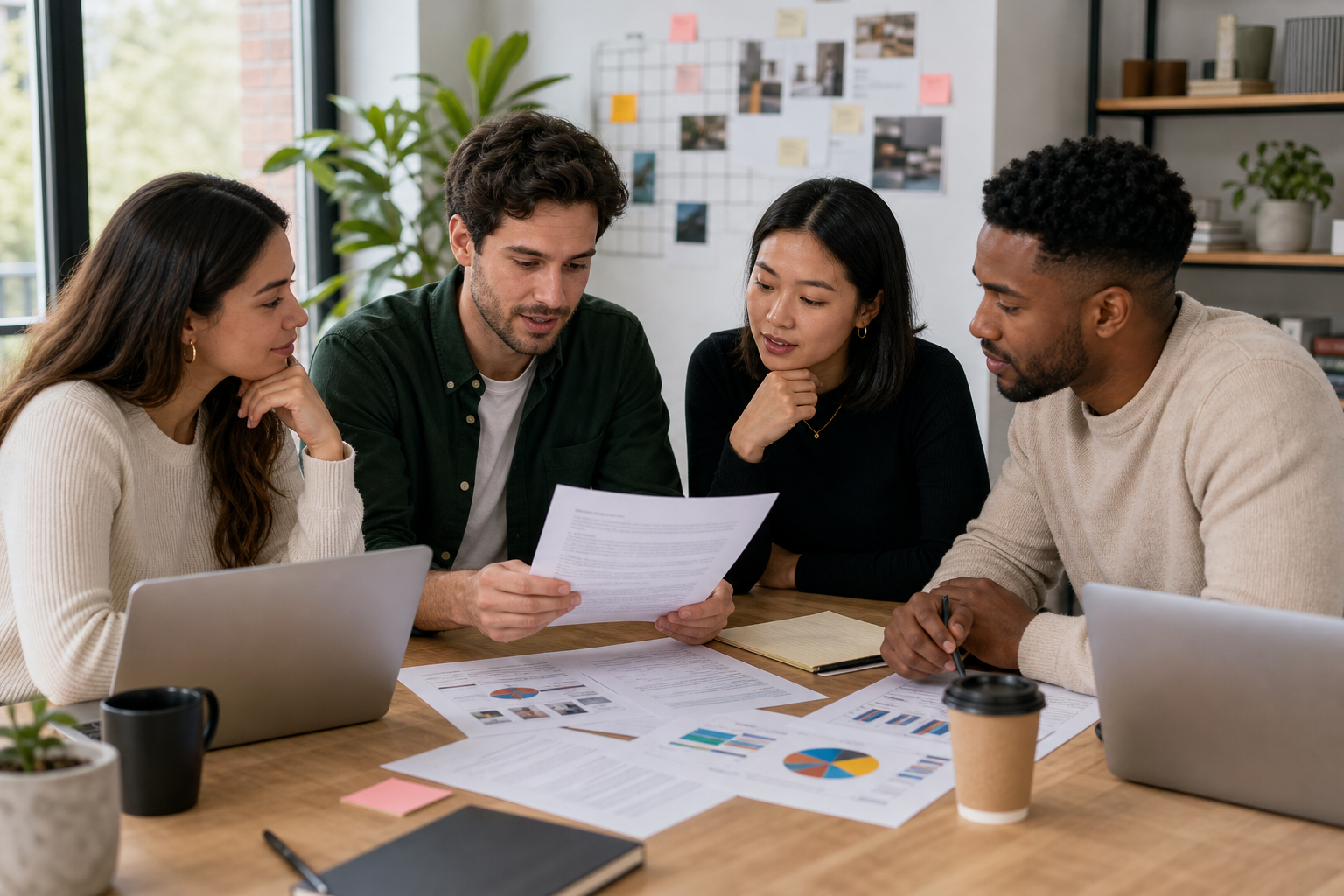 Marketing team collaborating on creator contracts and campaign timelines in an office