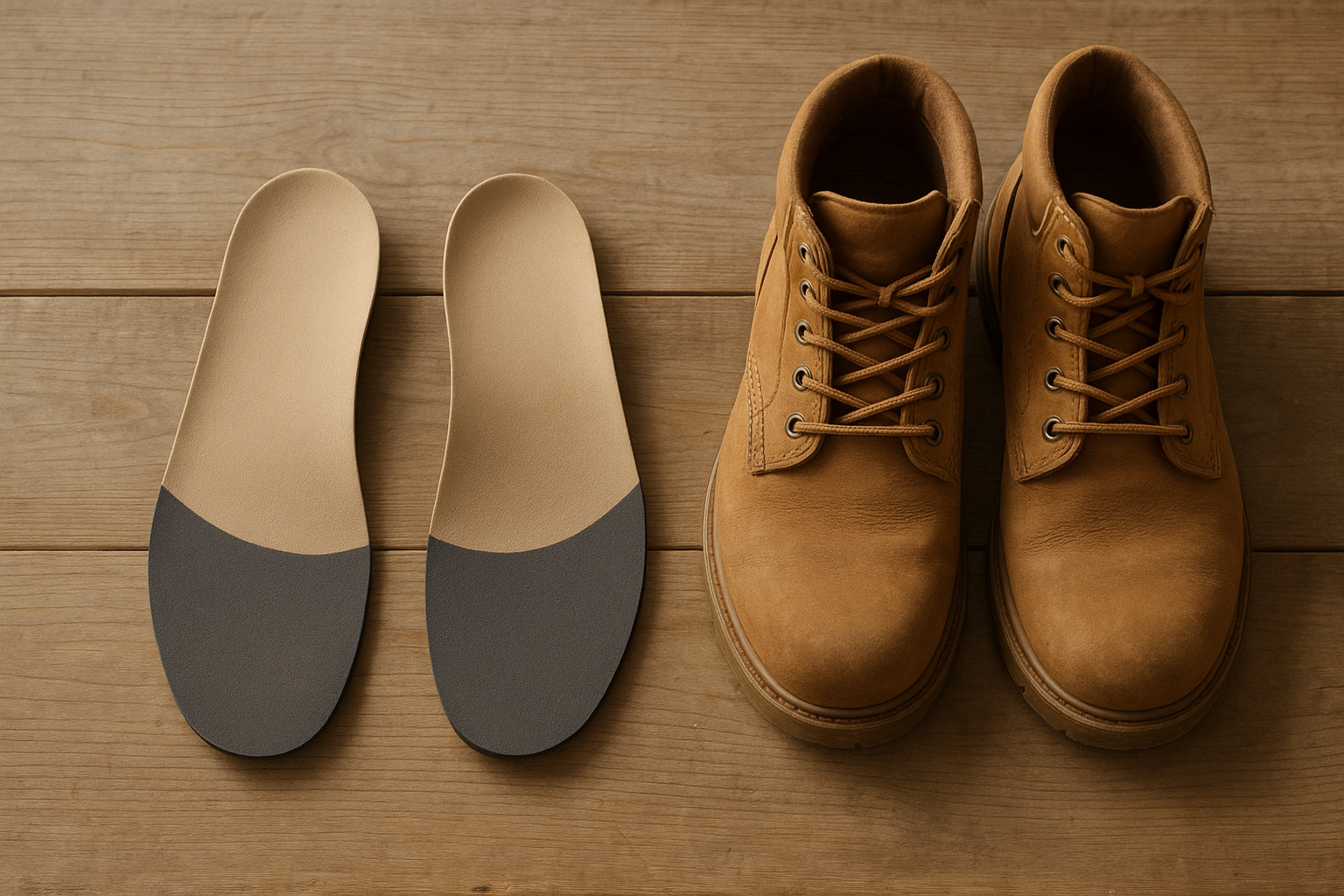 Pair of custom orthotic insoles placed beside sturdy work boots