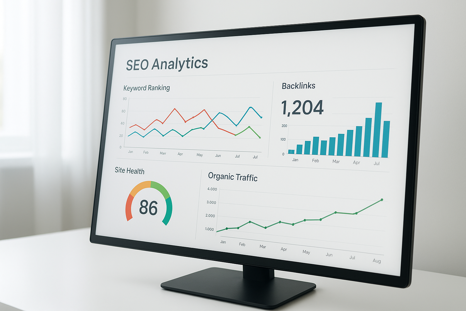 SEO tool dashboard showing keyword rankings, backlink data, and site audit scores